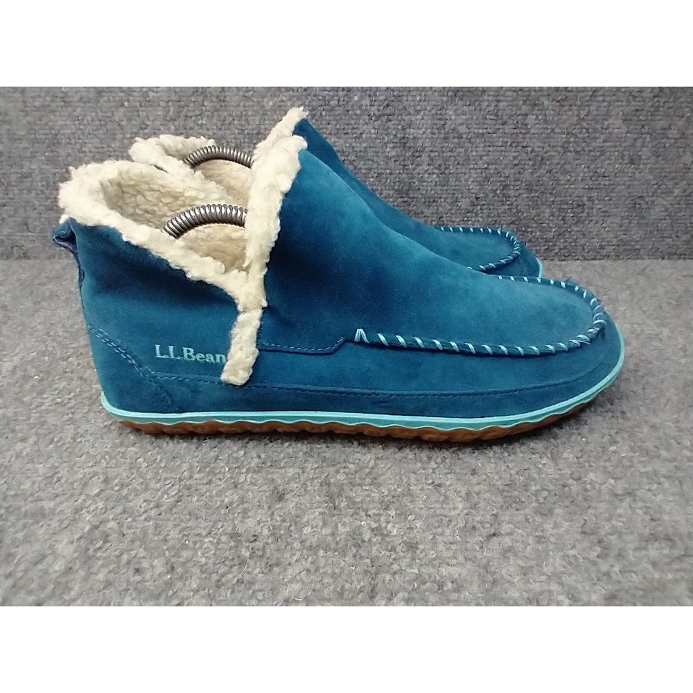 LL Bean Wicked Good Mountain Slippers, Boot Women 9 Teal Suede Faux Shearling